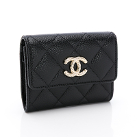 Chanel 雙C壓紋logo翻蓋雙層零錢包(黑/金)