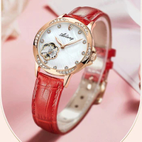 AILANG Women Automatic Watch Petal Flywheel Mechanical Watches Lady Diamond Luminous Waterproof Leather Straps Female Wristwatch