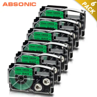 Absonic 6PK Compatible for Casio 12mm Label Printer Ribbon for Casio XR-12GN Labeling Tape Black on Green Label Maker for Casio