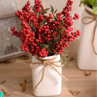 10pcs/sets Christmas Red Berries Stems Ornament Fake Snow Pine Branch Cone Berry Holly Xmas Tree Decoration Supplies Gift Decor