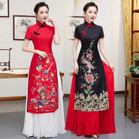 Vietnam Woman Retro Ao Dai Elegant Phoenix Chinese Style Cheongsam Vintage Festival Wedding Evening Qipao Dress Traditional Plus