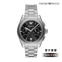 【EMPORIO ARMANI 官方直營】Federico 黑夜紳士雙眼日曆手錶 銀色不鏽鋼錶帶 43MM AR11560