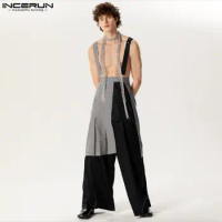 INCERUN Men Jumpsuits Skirts Plaid Patchwork Streetwear Casual Straps Rompers Personality Male Irregular Suspender Skirts 2024