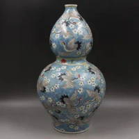 Blue Chinese Gourd Vase White Crane Cherry Sakura Porcelain Vases Antique Tall Vintage 60S Vase