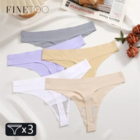 FINETOO 3PCS Seamless Female Thongs Sexy Women's Panties Silk Satin Underwear G-Strings Low-Rise Invisible Underpants T-Back Hot