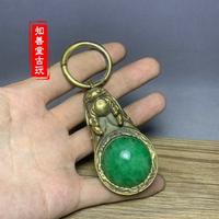 仿古古玩雜項收藏復古民國黃銅龍頭鑲嵌翡翠珠皮帶扣鑰匙扣皮帶扣