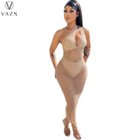 VAZN 2022 New Special Network See Through Lace Young Solid Sexy Beach Sweet Tank Sleeve Women Skinny Pencil Long Dress
