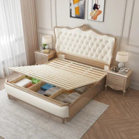 French Beds Profile Sets Wooden Minimalist Anti Shake Storage Cover Heavy Kids Style Back Bed Soft Mobilier Beige Furniture
