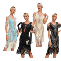 1920S Retro Prom Embroidered Tassel Dress Great Gatsby Flapper Cocktail Party Large Wedding Sequin Beaded Mesh Dress
