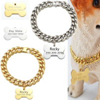 18K Gold Cat Dog Chain Collar 13MM Wide Stainless Steel Puppy Kitten Choker Curb chewy Cuban Link with Personalized Custom Tag
