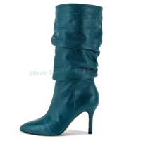 Dark Green Pleated Boots Women Elegant Mid Calf Fine Flash Boots Thin Heels Pointed Toe Slim Women's Fashion Solid Slip On Boots