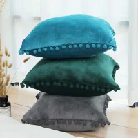 Velvet Pillow Cover with Ball Lace, Soft Cushion Cover, Monochrome, Modern and Simple, Fur Ball, 30x50, 40x40, 50x50, 65x65cm