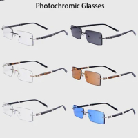Vazrobe Photochromic Glasses Myopia Eyeglasses Men Transition Grey Brown Blue Optical Spectacles Rimless Frame Discoloration
