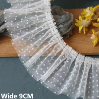 9CM Wide White Double Layers Pleated Mesh Fabric Lace Wedding Dress Collar Cuffs Ruffle Trim Curtains Sofa Sewing Fringe Decor
