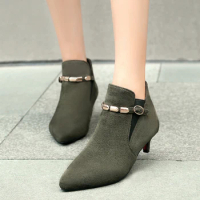 Low Heel Ankle Boots Shoes Woman Fashion Pointed Toe Flock Short Boot Female Buckle Footwear Gray Red Green Large Size 46 48