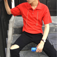 FINDSENSE MD 韓國 時尚潮 男 創意 特色 翻領鈕扣 金屬鏈條裝飾 短袖POLO衫 短袖T恤 特色短T