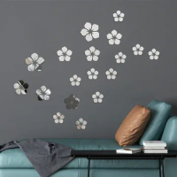 Pretty 18Pcs Cherry Blossoms Mirror Wall Sticker DIY Acrylic 3D TV Background Art Mural Decor Wallpaper Bathroom Home Decoration
