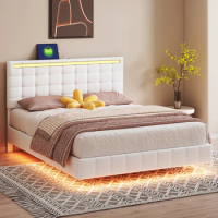 Queen Size Bed,Floating Bed Frame with LED Lights and USB Charging,Modern Upholstered Platform LED Bed Frame,Modern comfy Bed