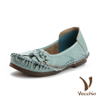 【Vecchio】真皮跟鞋 牛皮跟鞋/真皮頭層牛皮手工立體花朵低跟舒適單鞋(水藍)