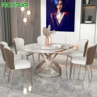 Retractable Foldable Turntable Dining Table Set Modern Marble Top Round Dining Room Furniture Chairs Set
