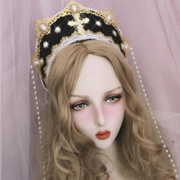 Renaissance Crown Headband Cosplay Women Tudor Headpiece KC Lolita Beads Chain Royal French Elizabethan Hood Coronet Tiara