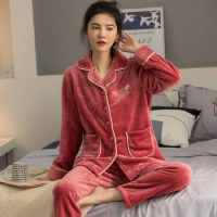 M-3XL Winter Warm Pajama Sets for Women Home Satin Sleepwear Flannel Soft Nightwear