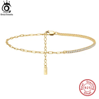 ORSA JEWELS Tennis&amp;Paper Clip Chain Anklet 925 Silver Women's Summer Foot Chain Bracelet Fashion Ankle Straps Jewelry SA21
