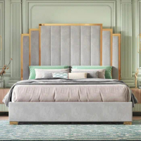 King Size Bed Frame and 65" Headboard, Upholstered Beds with Golden Plating Trim, No Box Spring Needed, Bed Frame