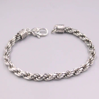 Solid S925 Sterling Silver Men Bracelet Lucky Six-word Motto Rope Chain Bracelet 21cmL