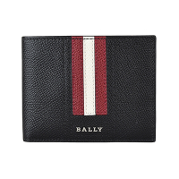 BALLY TVEYE 金屬銀字LOGO條紋設計牛皮6卡對折短夾(黑x紅白紅條紋)