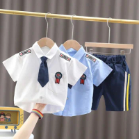 2pcs /fashion cheaps summer 2024 School dress Child Air Force, role playing, police kids Shirt+ Simple Solid color shorts/boys
