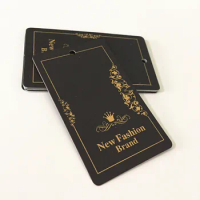 200pcs/lot Custom Gold Foil Stamping Logo 600gsm Black Paper 5x9cm Hang Tag for Clothes Brand Clothing Hangtags