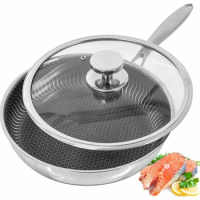 Frying Pans with Glass Lid, 26/28cm Stainless Steel Honeycomb Skillet with Handle Induction Cooking Fry Pan, for All Stove