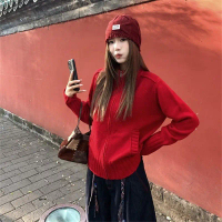 Red Long Sleeve Zipper Sweater Jacket 2025 Autumn Winter New Lazy Loose Thick Knitted Cardigan Jacke