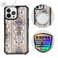 【apbs】iPhone 13 Pro Max / 13 Pro / 13 軍規防摔皮革磁吸手機殼(經典牛紋-巴洛克金-上光版-黑殼)
