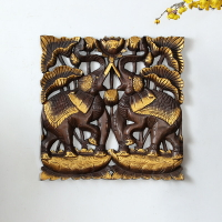 異麗泰國柚木雕花板工藝品泰式東南亞風格木雕雙象方形裝飾壁掛