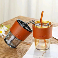 แก้วใส่น้ำ แก้วกาแฟ 420ml ใส่ได้ทั้งร้อน-เย็น พร้อมหลอดแก้วและปลอกกันร้อน แก้วมินิมอล แก้วคาเฟ่ ส่งจ