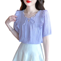 【CHACO】/預購/女夏紫色珍珠繫帶圓領短袖雪紡襯衫上衣#9351(涼感 雪紡 上衣 襯衫 紫色 女 夏)