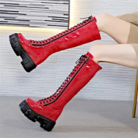 Punk Goth Military Women's Genuine Leather Knee High Boots Platform Wedge High Heels Party Pumps Creeper Oxfords