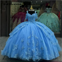 Blue Butterflies Beaded Lace Appliques Spaghetti Ball Gown Quinceanera Dress Corset Mexican Sweet 16 Dress Vestidos De 15 Años