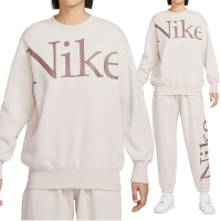 Nike Nsw 女款 奶茶色 大LOGO 刺繡 小標 寬鬆 刷毛 大學T 長袖 FN3655-104