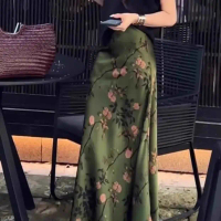 Midi Skirt, Satin Material, New Chinese Style Ethnic Ink Print, For Women, Summer Thin Cool Silk Ski