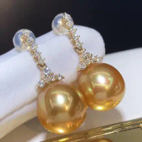 D506 Pearl Earrings Fine Jewelry Solid 14K Gold Almost Round 10-11mm Nature Sea Water Golden Pearls Drop Dangle Earrings