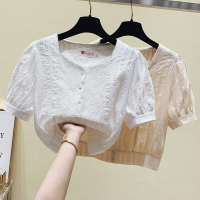 短袖女2021年新款夏季洋氣雪紡蕾絲小衫法式方領短款泡泡袖上衣潮