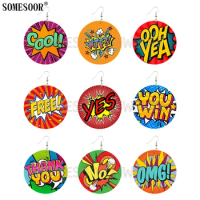 SOMESOOR Jewelry 15 Types Cool Bubble Text Pop Art Retro Style Wooden Both Sides Print Round Earrings For Women Gifts