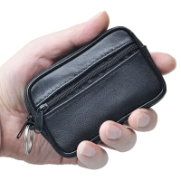 日式輕便迷你羊皮零錢包 收納身份證件鑰匙包 黑色真皮硬幣包小包