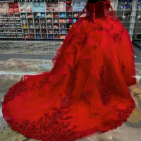 Ablaze Shine Red Lace Appliques Ball Gown Quinceanera Dress Mexican Sweetheart Spghetti Sweet 15 Dress Corset Vestidos De 15 Año