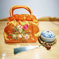 Oriental Aesthetics Orange Makeup Bag Chinese Traditional Handmade Flower Ribbon Embroidery Bag With Handle Hanfu Accessories