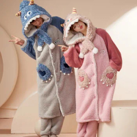 Winter Pajamas for Women Men Homewear Lounge Wear Couple Sleepwear Warm Fluffy Comfy Hooded Monster Pajama Set Thick Cartoon