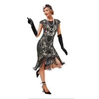 Women 1920s Vintage Great Gatsby Dress Double O-Neck Sleeveless Beaded Sequin Tassel Dress Art Deco Flapper Dress for Party